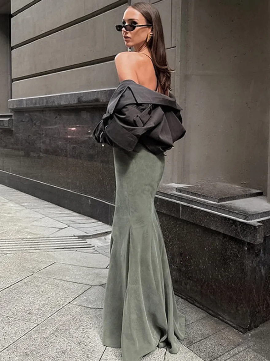 Jupe longue sirène moulante taille haute en faux daim extensible