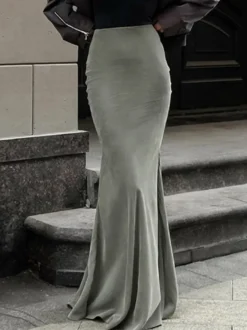 Jupe longue sirène moulante taille haute en faux daim extensible