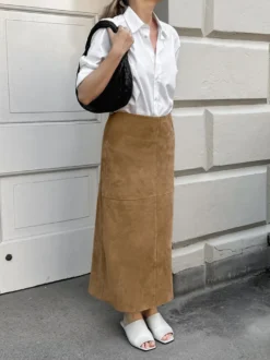 Jupe midi en daim doux taille haute fente au dos style vintage