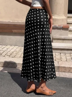 Jupe midi en satin à pois pour femme taille haute coupe trapèze fluide longue jupe évasée
