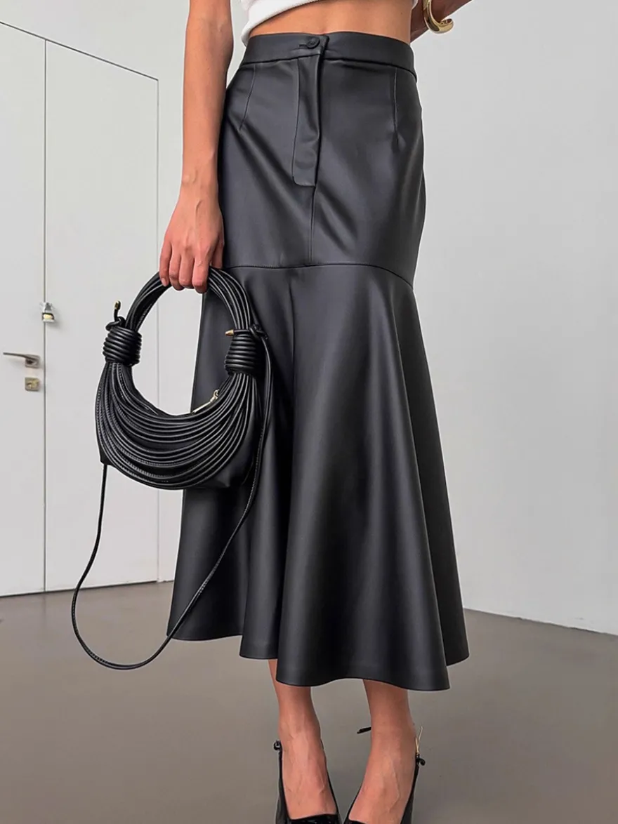 Jupe midi élégante en similicuir à taille haute et ourlet sirène pour femme 2026