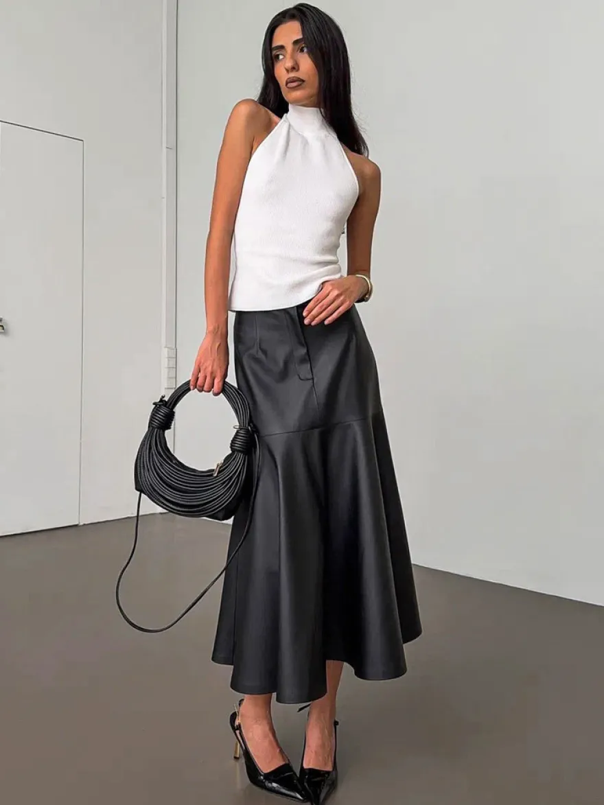 Jupe midi élégante en similicuir à taille haute et ourlet sirène pour femme 2026
