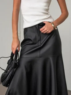 Jupe midi élégante en similicuir à taille haute et ourlet sirène pour femme 2026