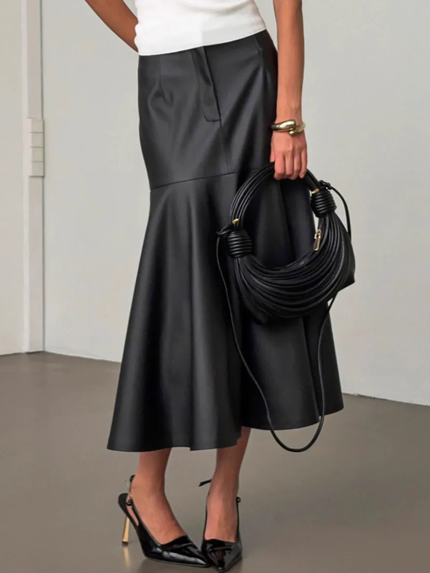 Jupe midi élégante en similicuir à taille haute et ourlet sirène pour femme 2026