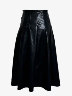 Jupe midi plissée vintage noire en similicuir avec double boucle pour femme 2026
