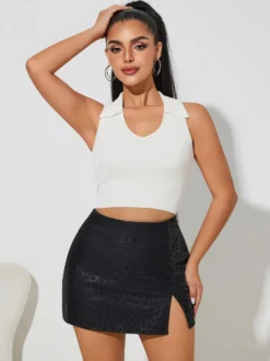 Jupe moulante mini en similicuir taille haute avec fente latérale pour femme 2026