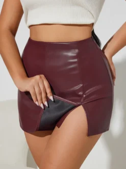 Jupe moulante mini en similicuir taille haute avec fente latérale pour femme 2026