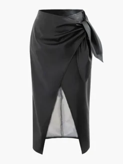 Jupe noire taille haute en similicuir sexy mi-mollet pour l'été.
