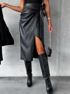 Jupes en cuir PU Noir Taille Haute Chic Fente Hiver Mi-Mollet Bas Femmes