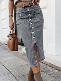Jupes en denim gris style décontracté d'été longueur mi-mollet bas pour femmes