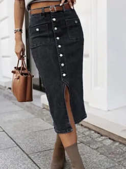 Jupes en denim gris style décontracté d'été longueur mi-mollet bas pour femmes