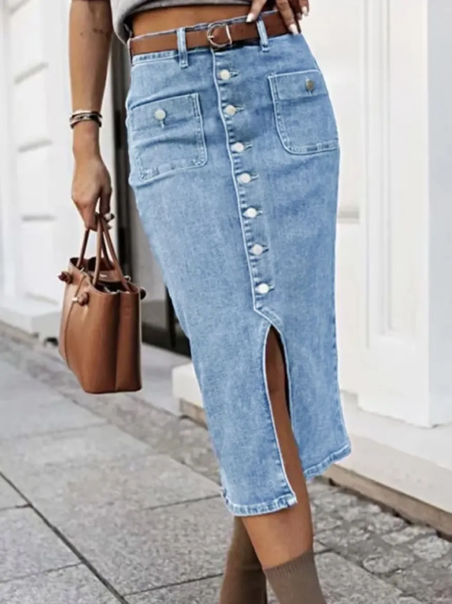 Jupes en denim gris style décontracté d'été longueur mi-mollet bas pour femmes