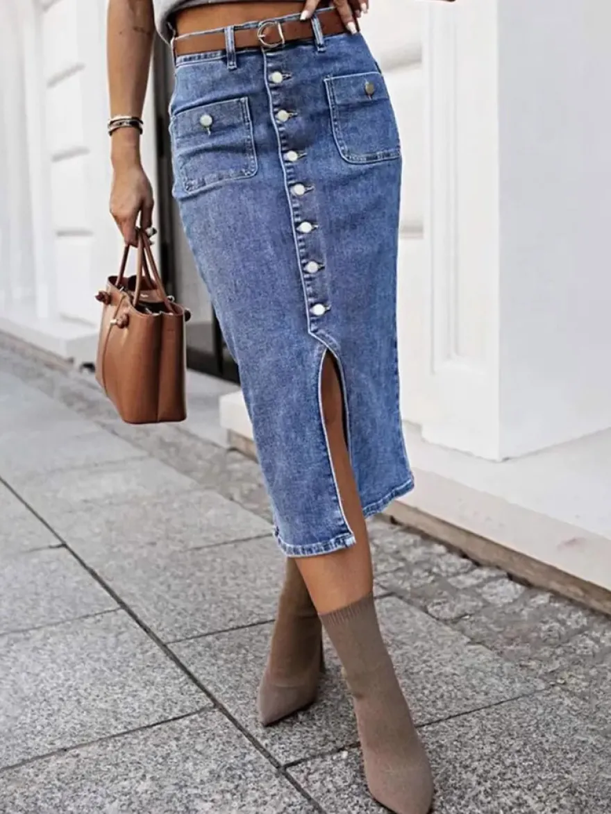 Jupes en denim gris style décontracté d'été longueur mi-mollet bas pour femmes