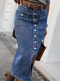 Jupes en denim gris style décontracté d'été longueur mi-mollet bas pour femmes