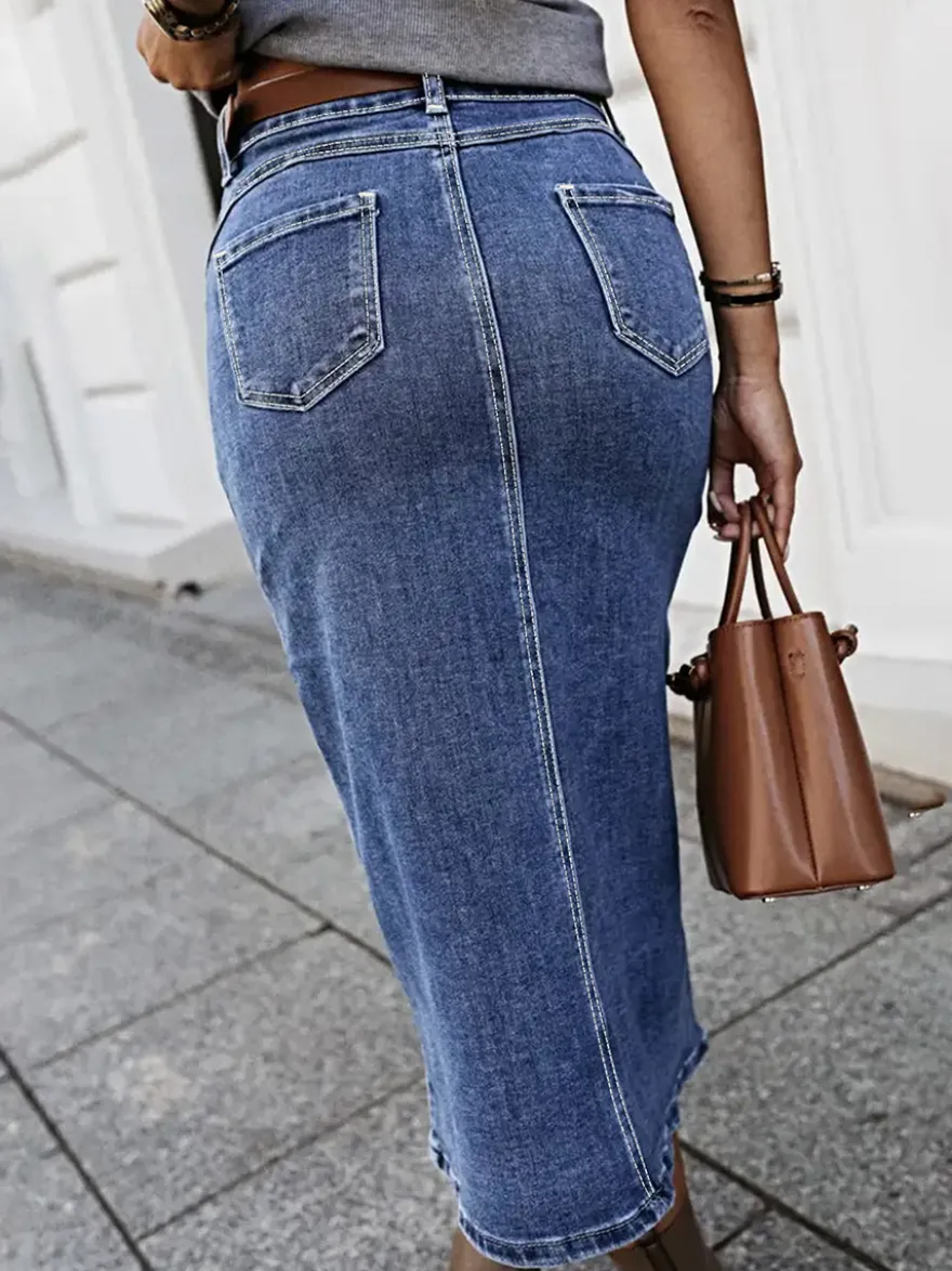 Jupes en denim gris style décontracté d'été longueur mi-mollet bas pour femmes