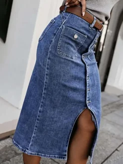 Jupes en denim gris style décontracté d'été longueur mi-mollet bas pour femmes