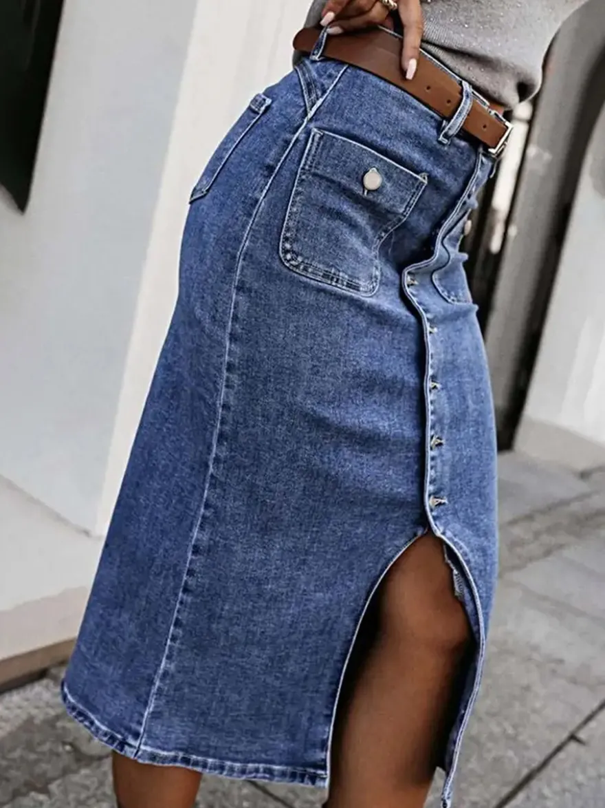Jupes en denim gris style décontracté d'été longueur mi-mollet bas pour femmes