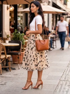 Jupes à imprimé floral taille haute coupe trapèze longueur mi-mollet bas pour femmes