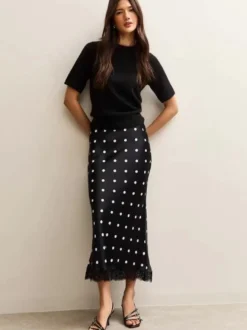 Jupe sirène midi taille haute à pois et bordure en dentelle pour femme 2026