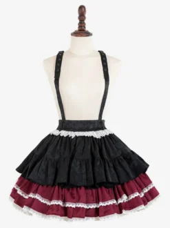 Jupes Lolita gothiques SK Jacquard à volants et œillets roses