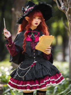 Jupes Lolita gothiques SK Jacquard à volants et œillets roses