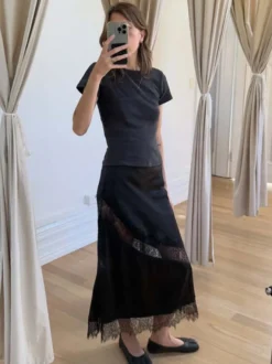 Jupes longues abricot en polyester chic pour le printemps bas pour femmes