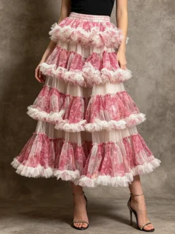 Jupes longues d'hiver à carreaux taille haute motif rose pour femmes