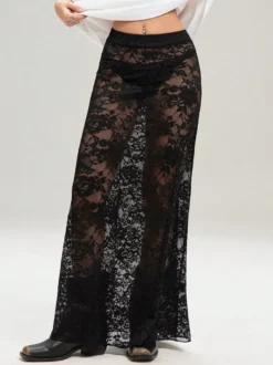 Jupes longues en dentelle noire taille haute sexy et transparentes pour femmes
