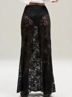 Jupes longues en dentelle noire taille haute sexy et transparentes pour femmes