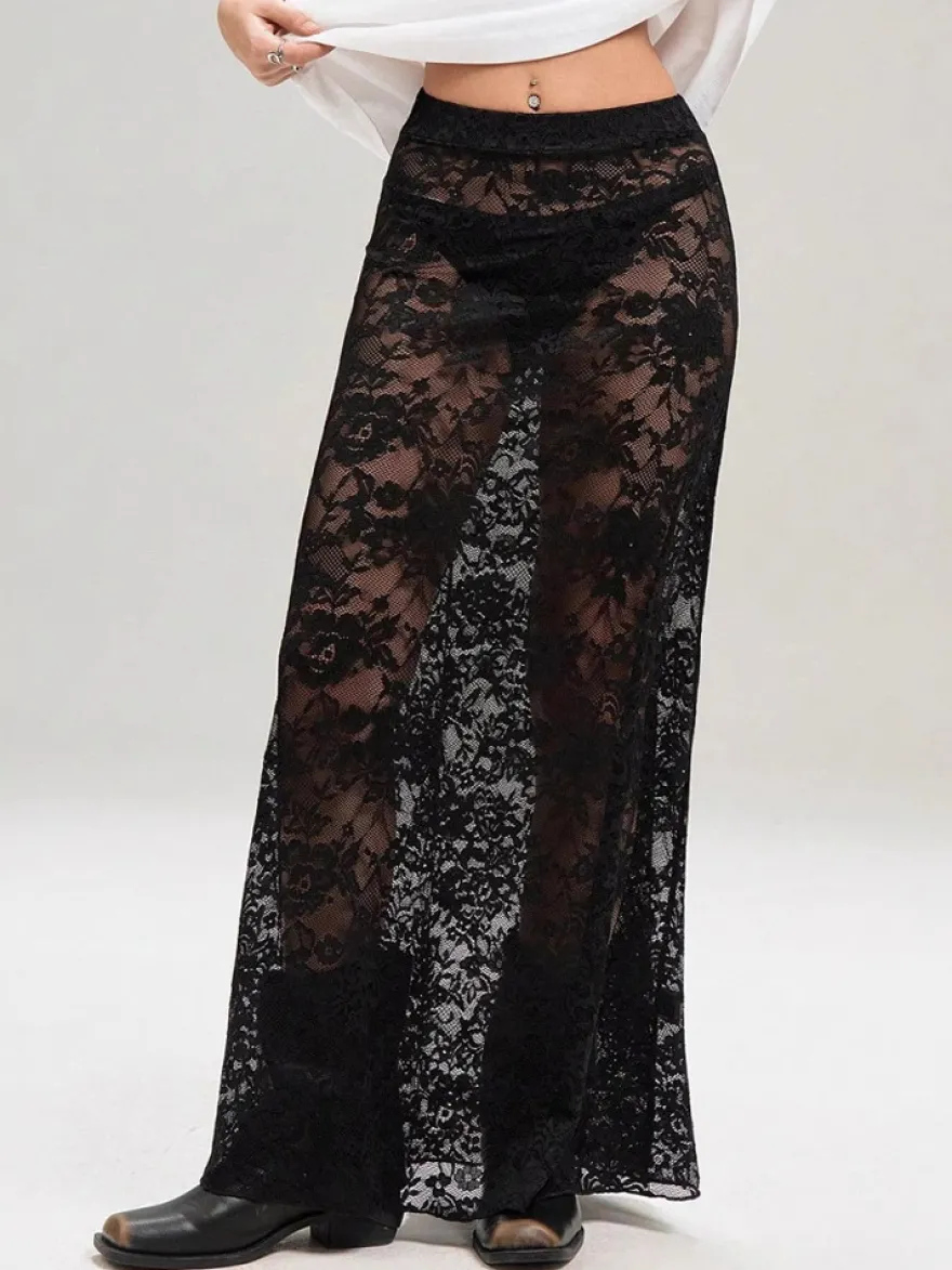 Jupes noires taille naturelle sexy transparentes longues bas pour femmes