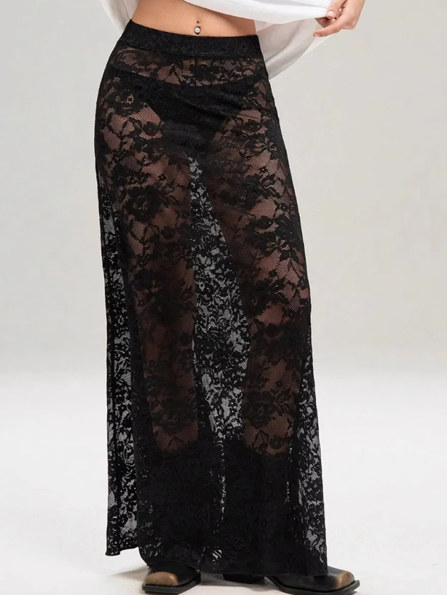 Jupes noires taille naturelle sexy transparentes longues bas pour femmes