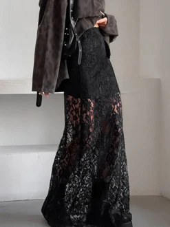 Jupe taille haute en dentelle noire transparente ajourée