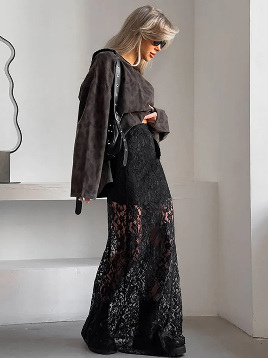 Jupe taille haute en dentelle noire transparente ajourée