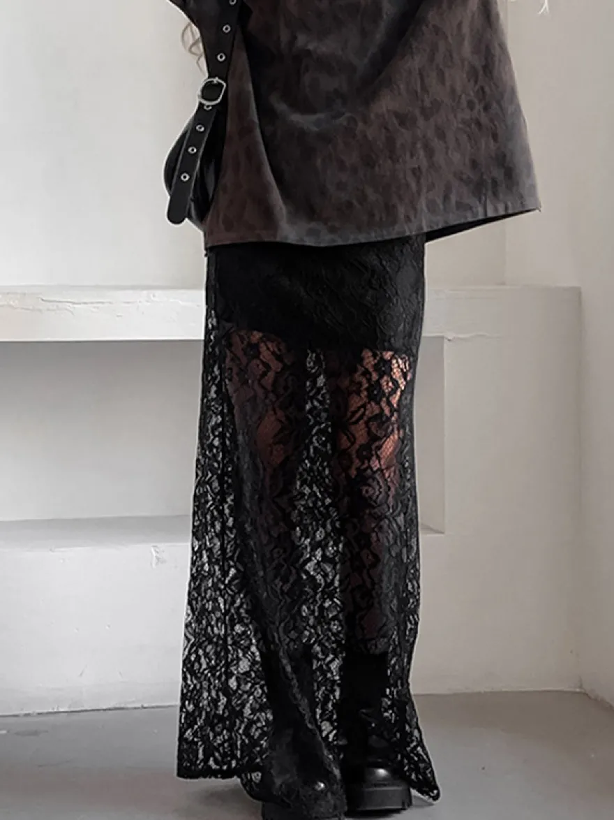 Jupe taille haute en dentelle noire transparente ajourée