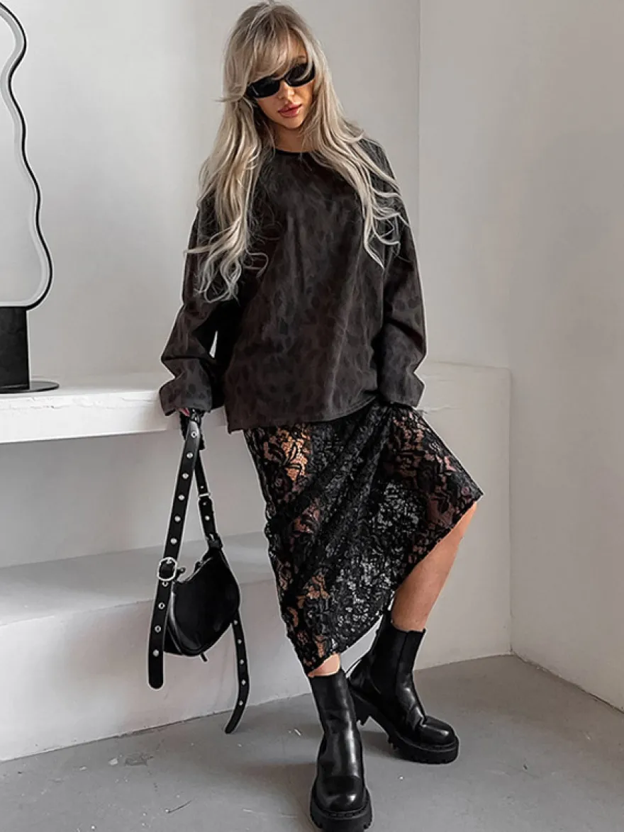 Jupe taille haute en dentelle noire transparente ajourée