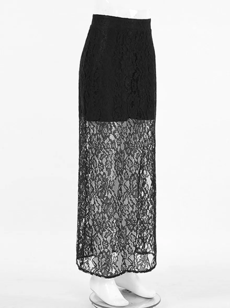 Jupe taille haute en dentelle noire transparente ajourée