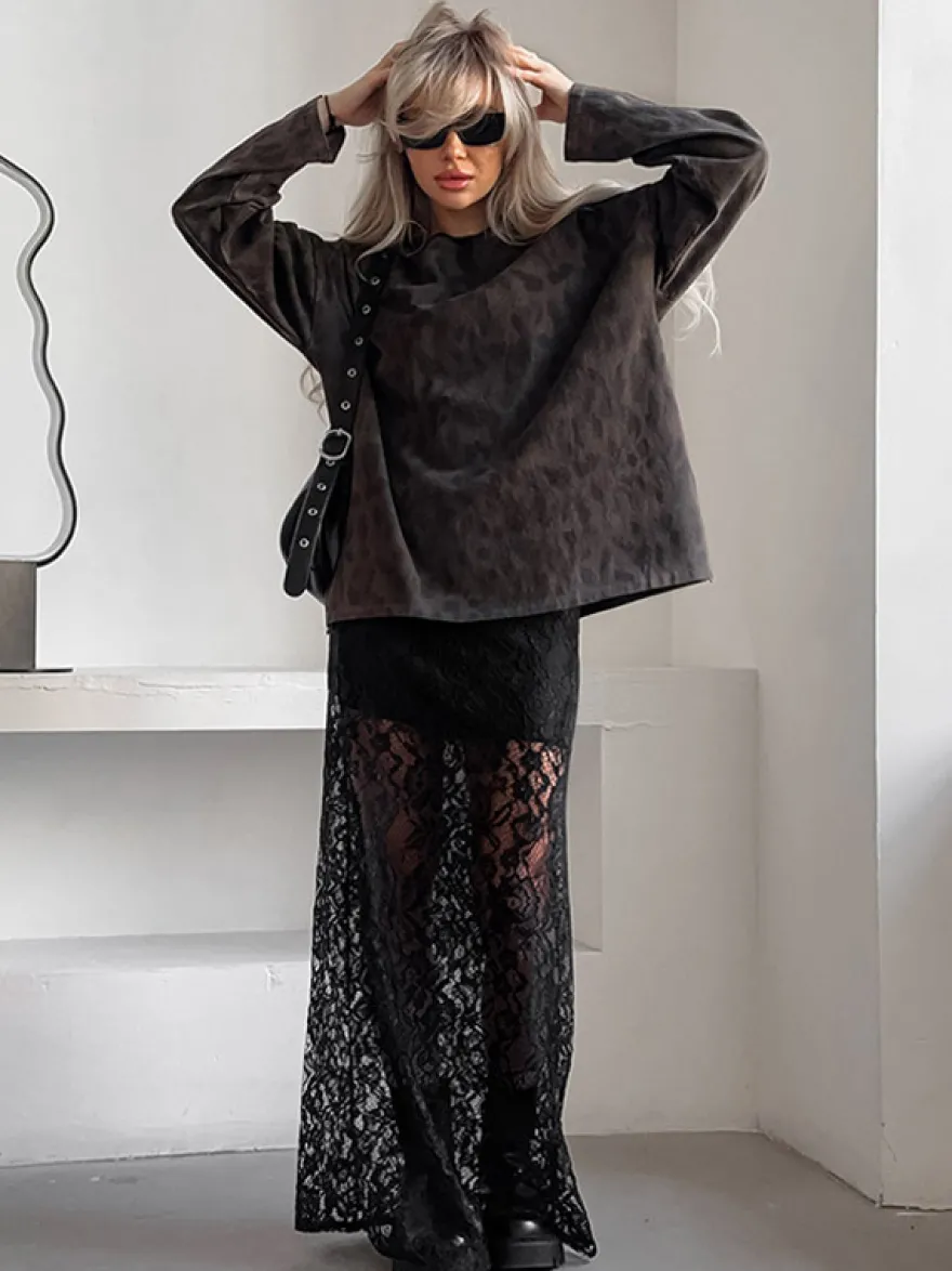 Jupe taille haute en dentelle noire transparente ajourée