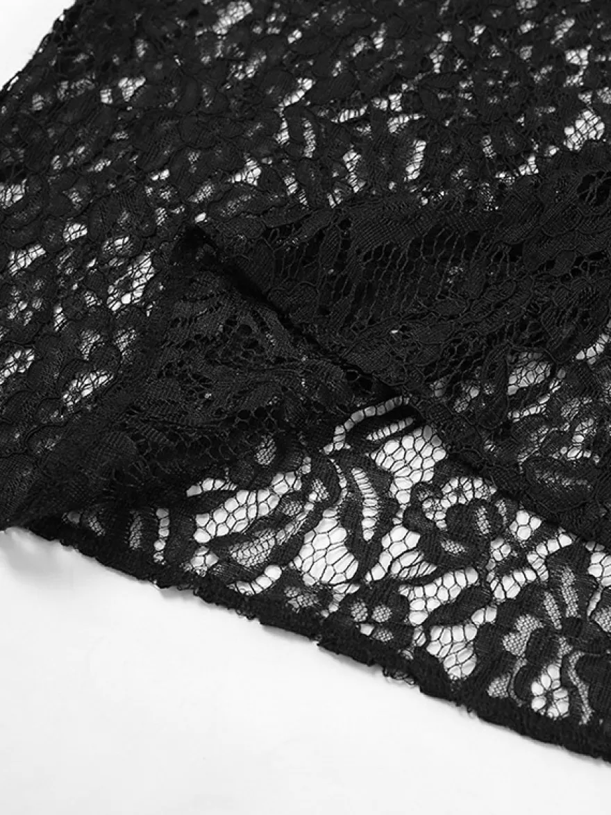 Jupe taille haute en dentelle noire transparente ajourée