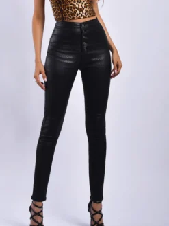 Leggings en Cuir Synthétique Longs Femmes Sexy Moulants à Zip Unicolore Noir Pantalons