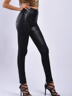 Leggings en Cuir Synthétique Longs Femmes Sexy Moulants à Zip Unicolore Noir Pantalons