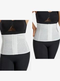 Linge de Mariée Ceinture amincissante post-partum pour le sport gainante et ventre plat avec dos ajouré et corset gainant marron boutonnée sur le devant.