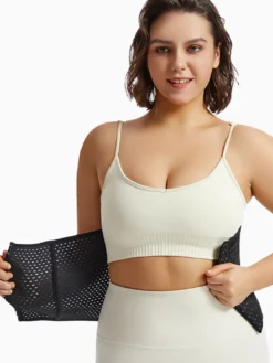 Linge de Mariée Ceinture amincissante post-partum pour le sport gainante et ventre plat avec dos ajouré et corset gainant marron boutonnée sur le devant.
