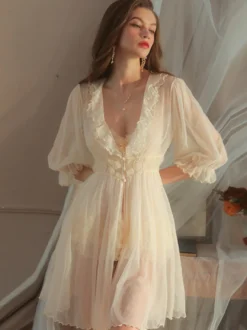 Linge de Mariée Lingerie Ensembles de pyjama en tulle blanc volants amovibles lingerie de rencontre