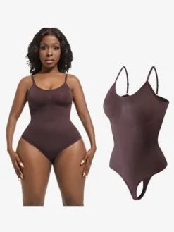 Linge de Mariée Lingerie gainante marron café sans manches effet push-up maintien du buste intégré sans coutures ventre plat.