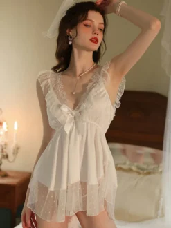 Linge de Mariée Lingerie Pour Femme Blanc Dentelle Dos Nu Lingerie