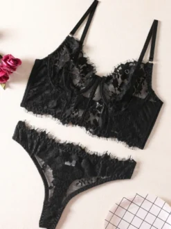 Linge de Mariée Lingerie Soutiens-Gorge Femme Sous-Vêtemen Noir Imprimé Floral Dentelle 2 Pièces
