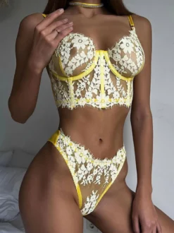 Linge de Mariée Lingerie Soutiens-Gorge Femme Sous-Vêtemen Noir Imprimé Floral Dentelle 2 Pièces
