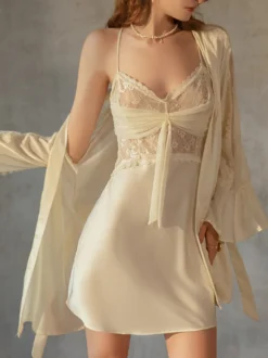 Linge de Mariée Nuisettes Lingerie Femme Beige Nœuds Dentelle Transparente Polyester Sexy Vêtements de Nuit Pyjamas