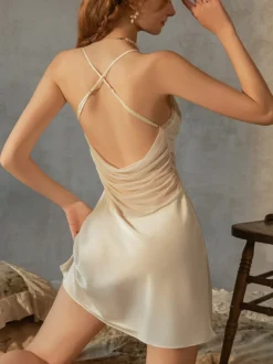 Linge de Mariée Nuisettes Lingerie Femme Beige Nœuds Dentelle Transparente Polyester Sexy Vêtements de Nuit Pyjamas