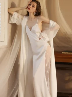 Linge de Mariée Pyjama Sexy 2 Pièces Robe À Bretelle Veste Manches Longues